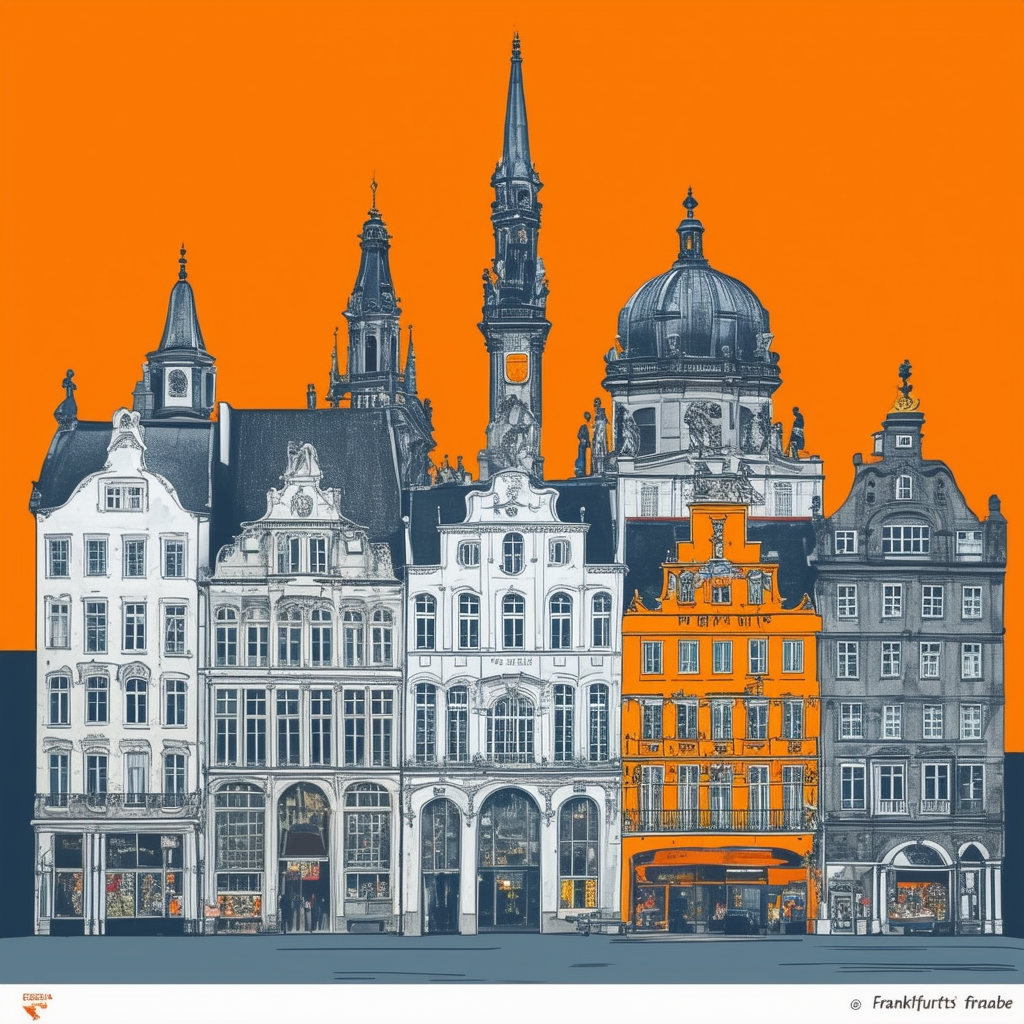 Frankfurts charming neighborhoods: Iconic buildings lively streets warm orange ec6707 soft blue 1398f8 dark gray 595857 light gray a6a7a8 white ffffff typography.