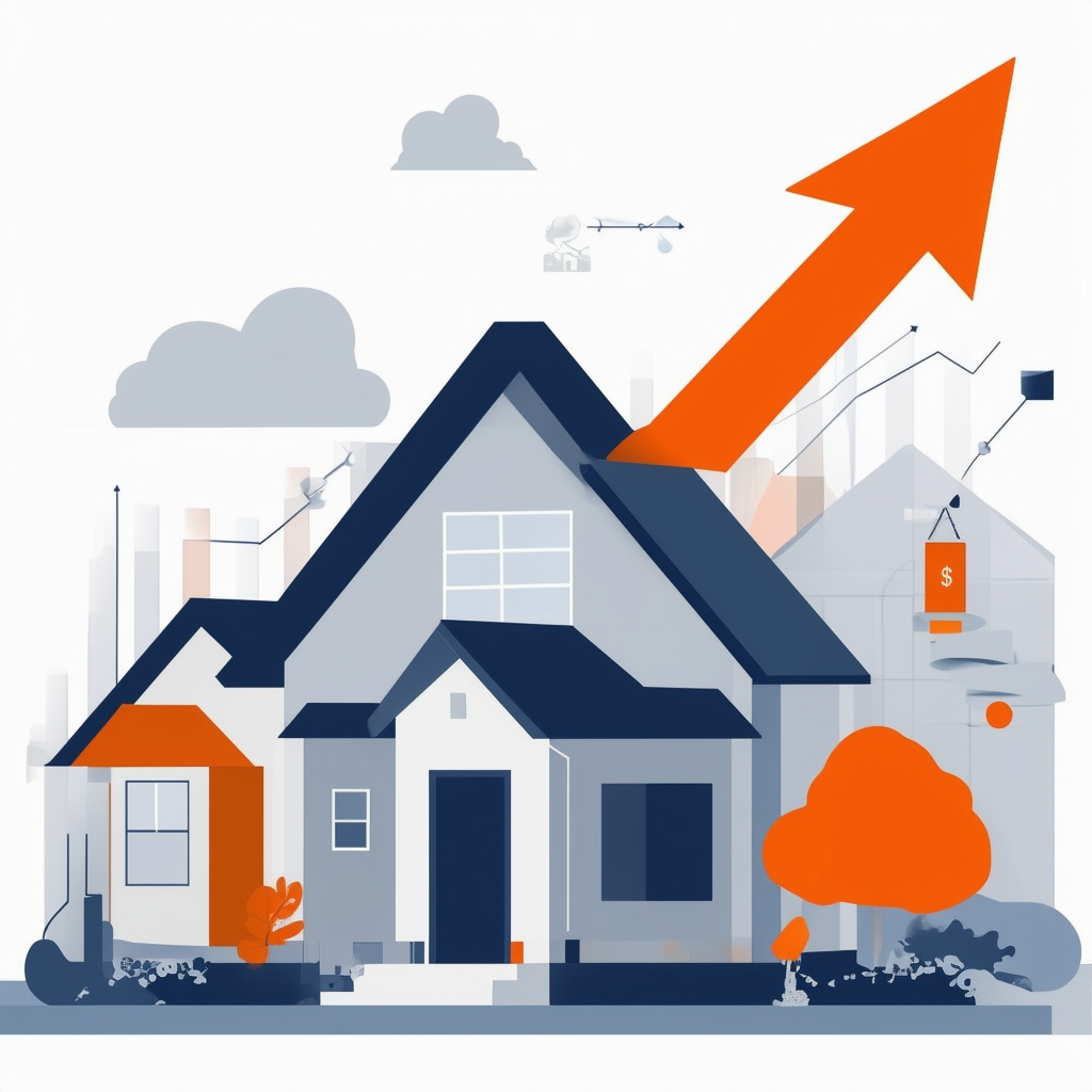 High-quality flat vector illustration showcasing a house surrounded by various elements representing different methods of valuation: comparing similar properties calculating rental income assessing construction and land values. Rising arrow graph in the ba