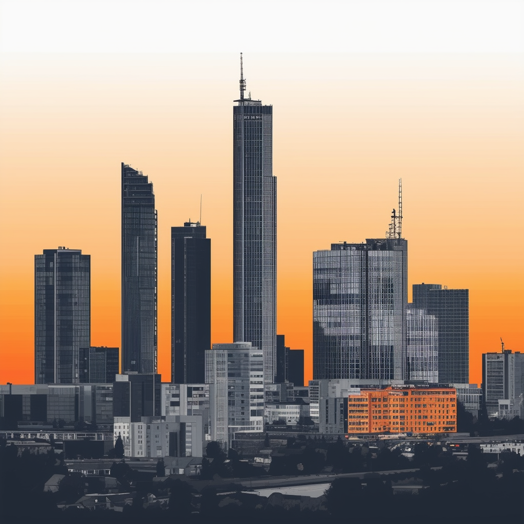 High-quality vector illustration showcasing Frankfurts skyline featuring prominent European Central Bank building amidst modern skyscrapers and historic architecture. Vibrant gradient background transitions from White ffffff to Orange ec6707 symbolizing gr