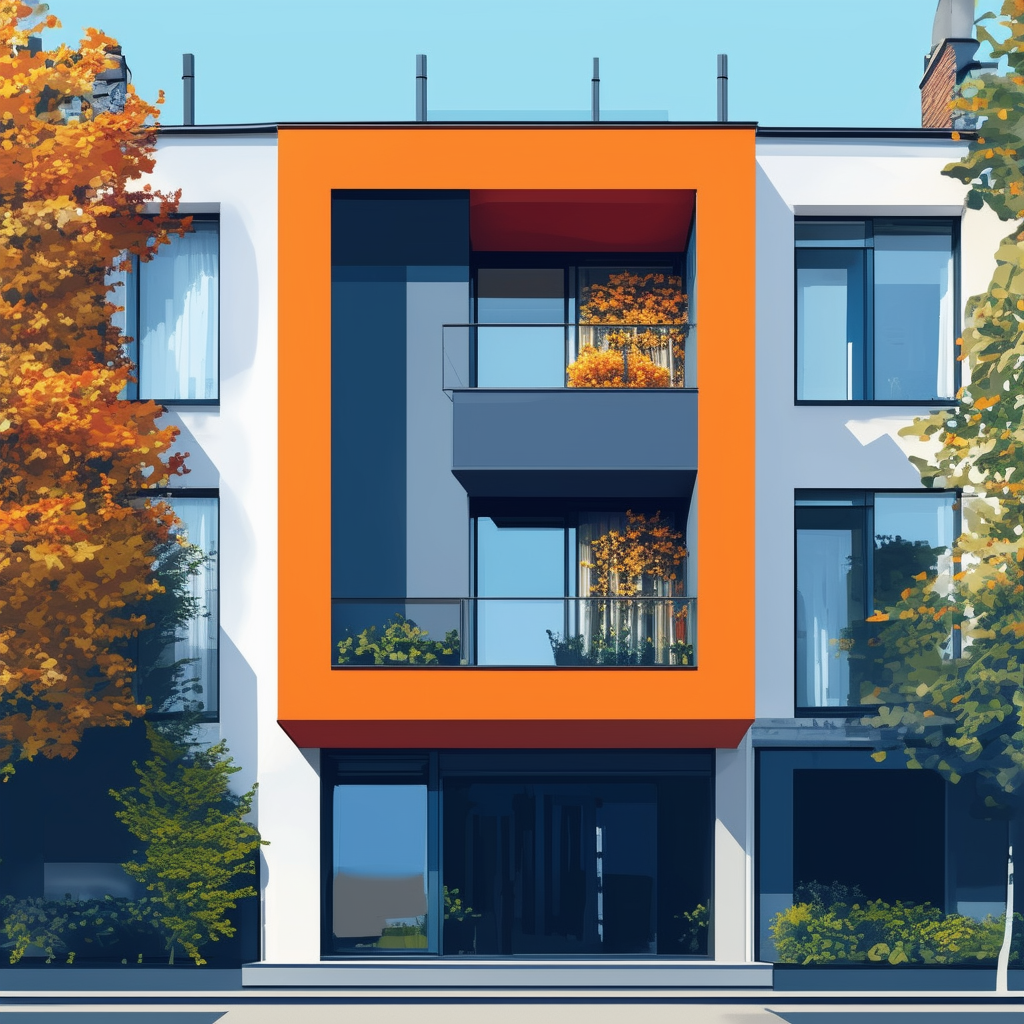 Modern Frankfurt Apartment: Luxurious living space with bold geometric design featuring bright colors like White ffffff Orange ec6707 Blue 1398f8 Dark Gray 595857 Light Gray a6a7a8 showcasing spacious rooms and high-quality finishes.