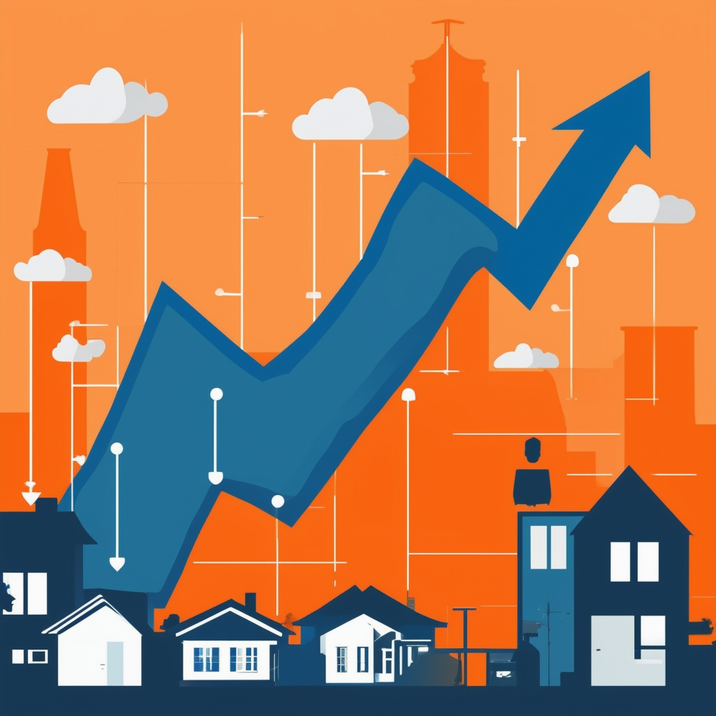 Visual representation of the fluctuating Frankfurt real estate market featuring arrows indicating upward and downward trends accompanied by subtle icons representing economic factors such as interest rates population growth employment rates White ffffff Or