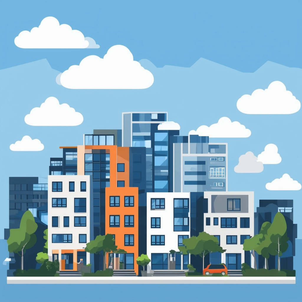 Urban landscape illustration featuring modern buildings highlighting property valuation methods: comparison value method cost approach income approach online tools set against blue skies greenery white clouds incorporating Hex colors: White ffffff Orange e