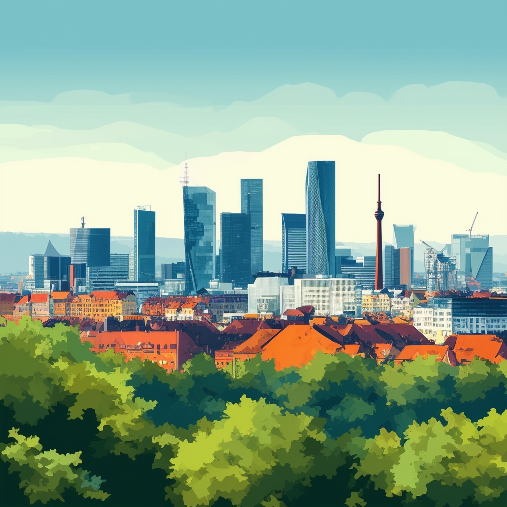 Modern Frankfurt cityscape illustration featuring iconic buildings like Main Tower  Roemerberg surrounded by lush greenery showcasing balance between urban life  nature with vibrant colors: White ffffff Orange ec6707 Blue 1398f8 Dark Gray 595857 Light Gray