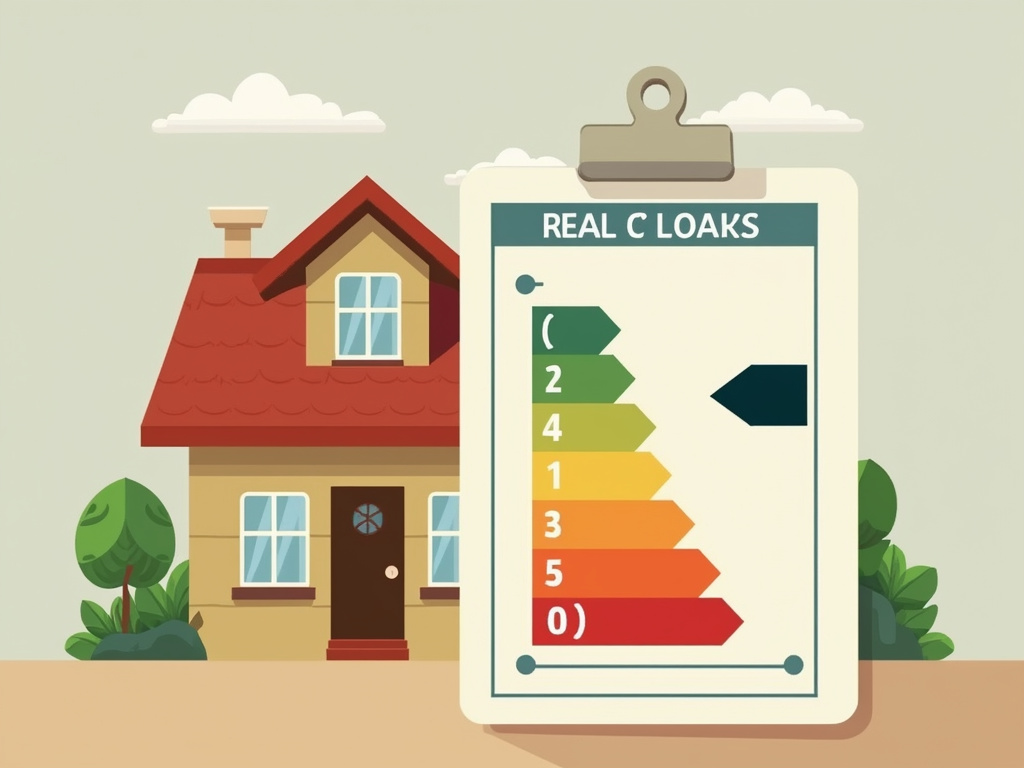 Alt Text: Haus mit Energieeffizienzdiagramm symbolisiert Bedeutung von Energiezertifikaten im Immobilienbereich in professionellen Farbtoenen.