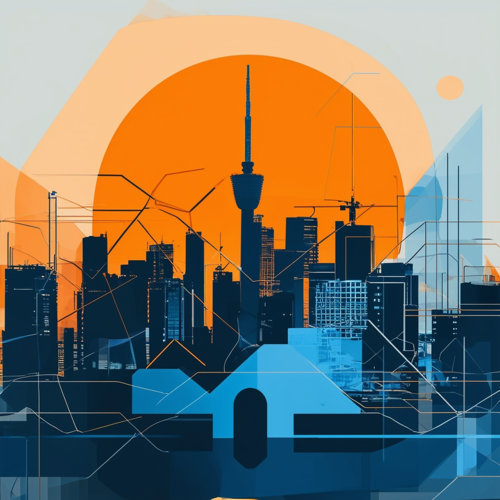 Iconic Frankfurt skyline illustration featuring stylized house icon in foreground surrounded by abstract shapes  lines conveying efficiency cost savings market knowledge. White ffffff Orange ec6707 Blue 1398f8 Dark Gray 595857 Light Gray a6a7a8.