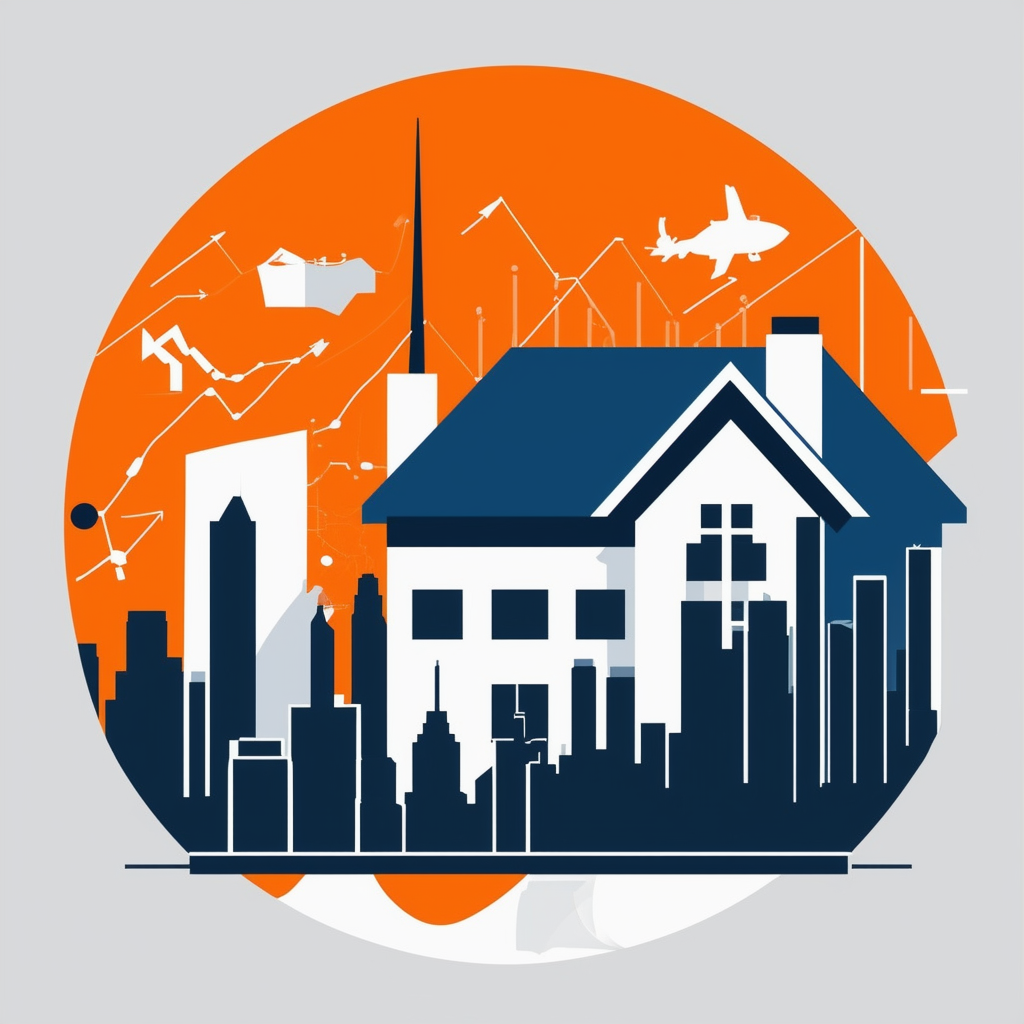 Iconic Frankfurt House with integrated skyline silhouette surrounded by subtle market trends indicators featuring arrows and charts in White ffffff Orange ec6707 Blue 1398f8 Dark Gray 595857 Light Gray a6a7a8.