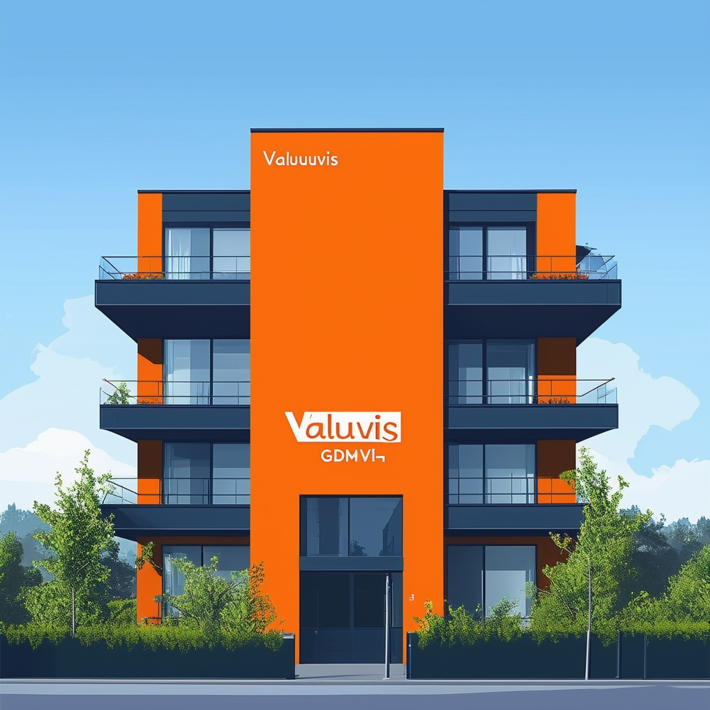 High-quality modern apartment building illustration in Frankfurt am Main featuring a striking orange accent wall sleek lines soft blue sky background lush greenery prominent Valuvis GmbH logo display on the facade clean lines geometric shapes vibrant color