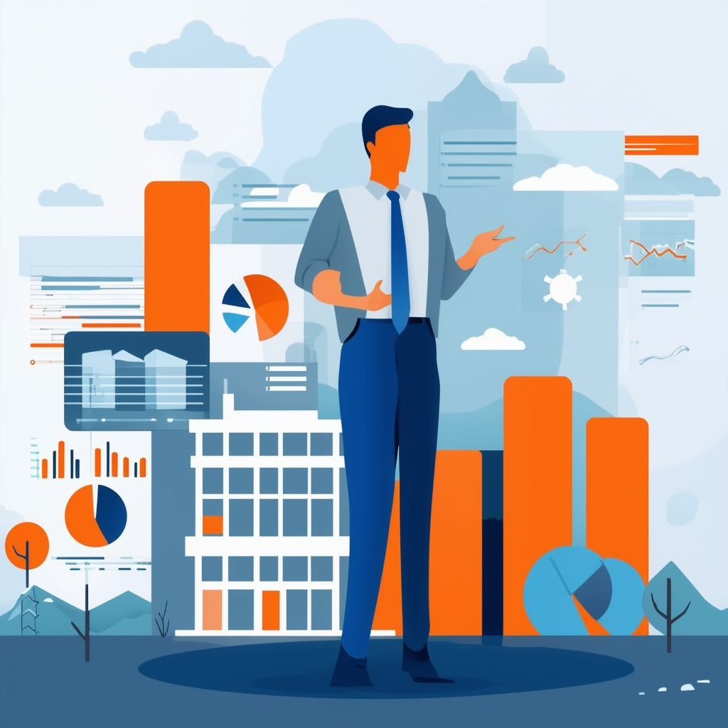 Commercial Property Sales Illustration: Professional Real Estate Agent Surrounded by Market Data Charts  Graphs for Successful Sales Strategy.