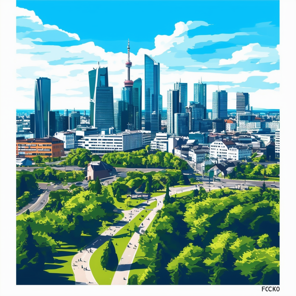 Moderner Stadtansicht mit hohen Wolkenkratzern und gruenen Parks in Frankfurt am Main blauer Himmel mit Wolken White ffffff Orange ec6707 Blau 1398f8 dunkelgrau 595857 hellgrau a6a8a8.