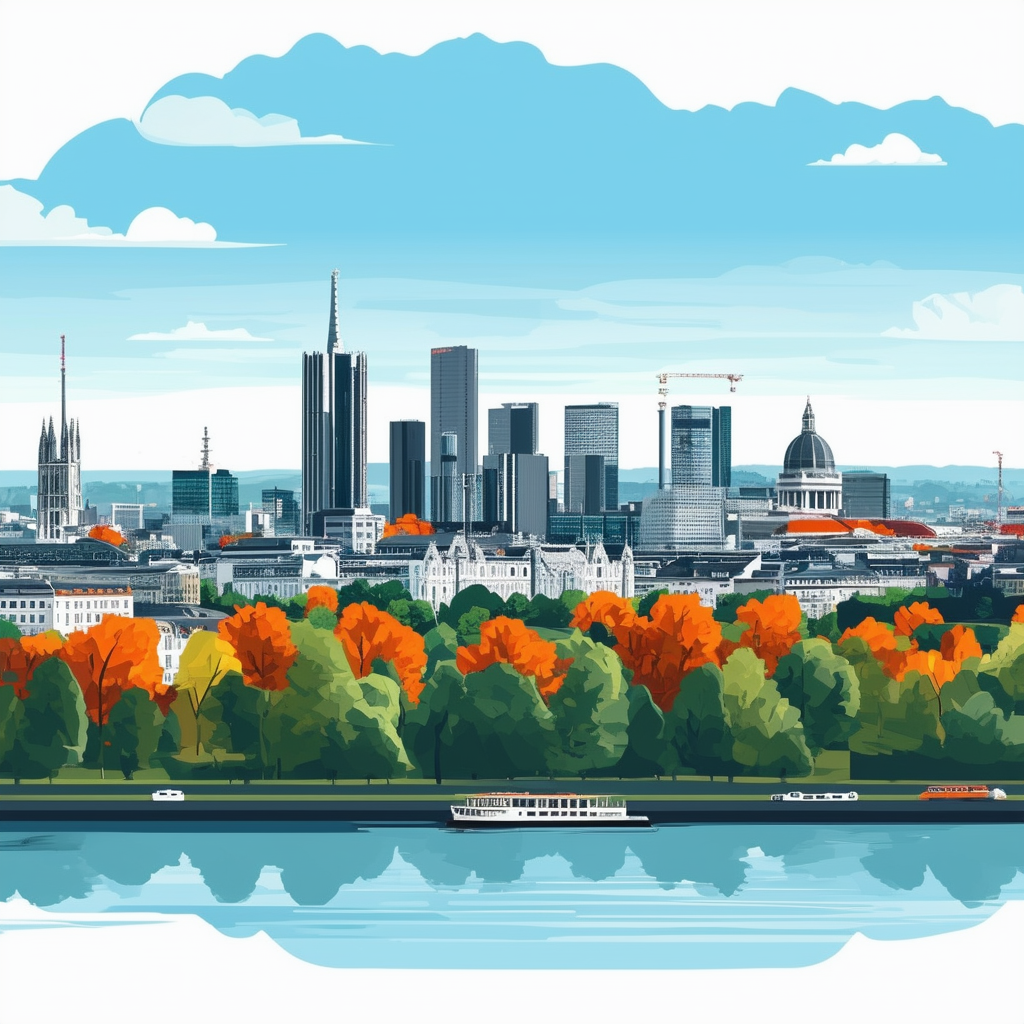 High-quality flat vector illustration showcasing Frankfurt skylines modern architecture lush green parks riverside views prominent landmarks like Roemerberg square St. Pauls Church Frankfurt Cathedral surrounded by vibrant orange accents dark gray outlines