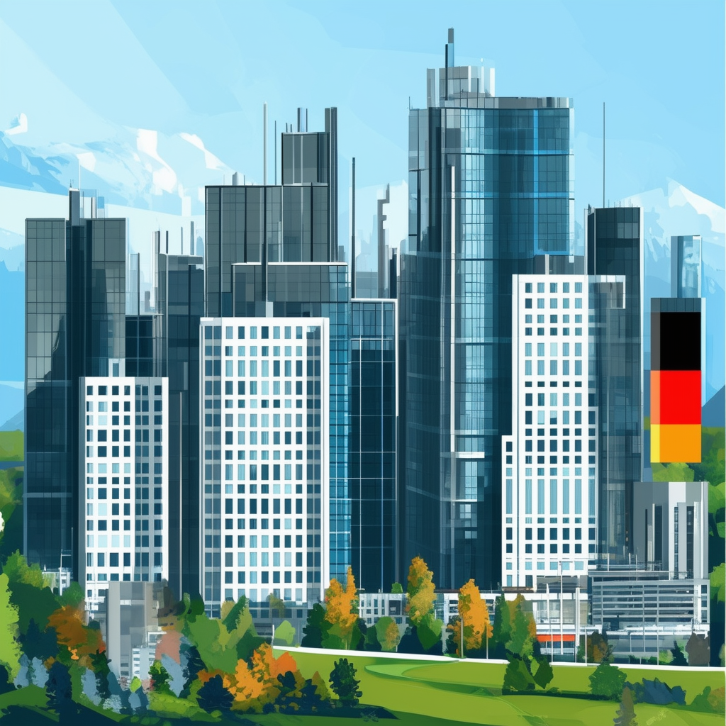 Future urban landscape with modern skyscrapers green spaces symbolizing dynamic changes in German real estate market incorporating Hex colors: White ffffff Orange ec6707 Blue 1398f8 Dark Gray 595857 Light Gray a6a7a8.