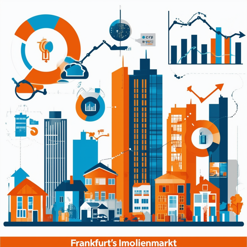 High-quality flat vector illustration showcasing Frankfurts Immobilienmarkt trends dynamic market developments properties in city center houses apartments charts graphs arrows icons representing growth stability fluctuation bright colors: White ffffff Oran