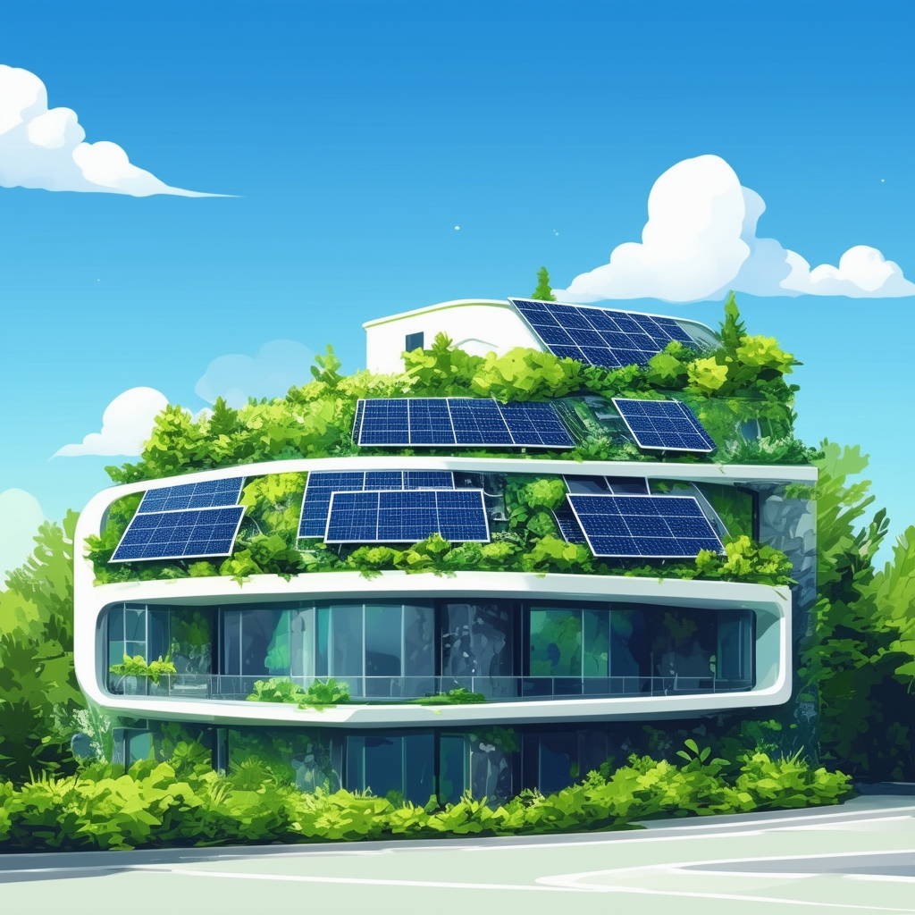 Future-proof building with green energy panels solar windows lush vegetation conveying sustainability and eco-friendliness set against a bright blue sky with subtle clouds Hex colors: White ffffff Orange ec6707 Blue 1398f8 Dark Gray 595857 Light Gray a6a7a