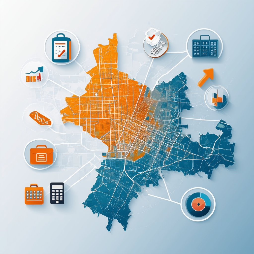 High-quality vector illustration showcasing Frankfurts districts in various colors surrounded by icons representing successful property rental: rising arrow for demand increase calculator for budgeting briefcase for professional management. Modern sophisti