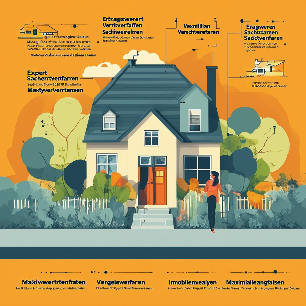 Professional Real Estate Evaluation Process: Flat Vector Illustration featuring Ertragswertverfahren Sachwertverfahren Vergleichswertverfahren Immobiliengutachten Marktwertanalysen expert guidance by Maximilian Ruecker hex colors: White ffffff Orange ec670