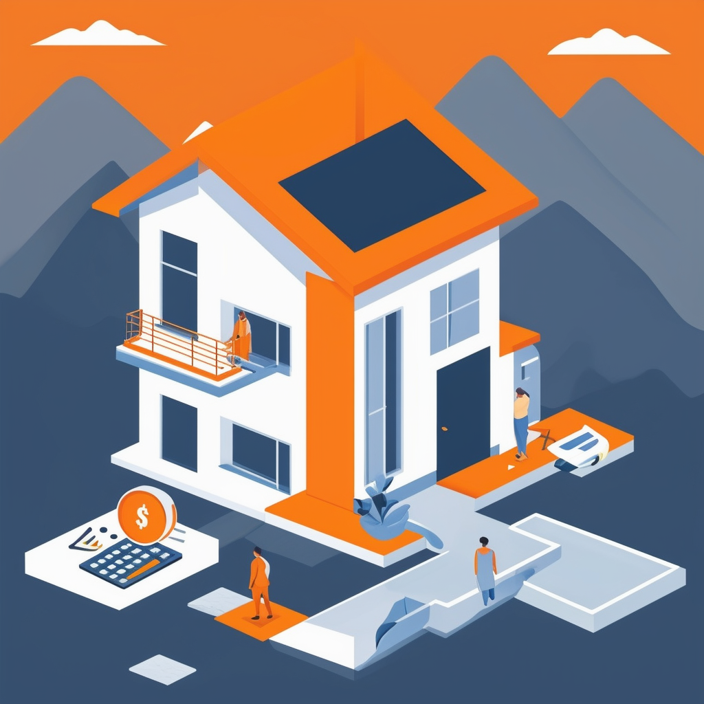 Eine moderne und professionelle Illustration des Immobilienbewertungsprozesses mit Elementen in Weiss Orange Blau Dunkelgrau und Hellgrau.