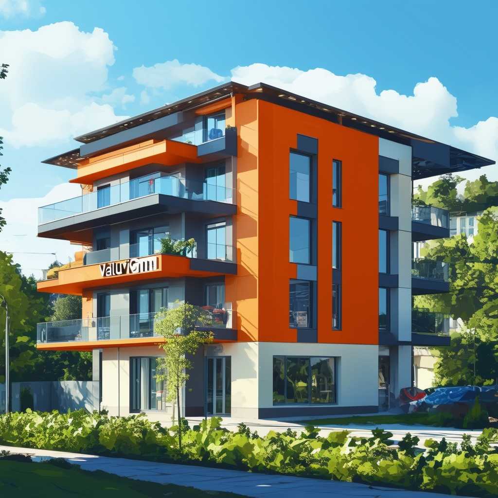 Luxurious Frankfurt apartment building with modern design elements vibrant colors prominent Valuvis GmbH logo display surrounded by lush greenery and urban elements showcasing expertise in regional property valuation and renovation services.