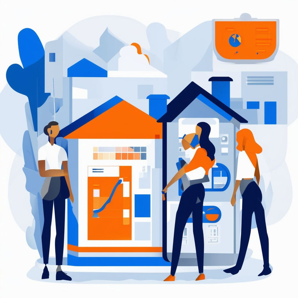 Eine moderne und professionelle Illustration von Menschen die Online-Tools zur Immobilienwertschaetzung nutzen mit Farben wie Weiss Orange Blau und Grautoenen.