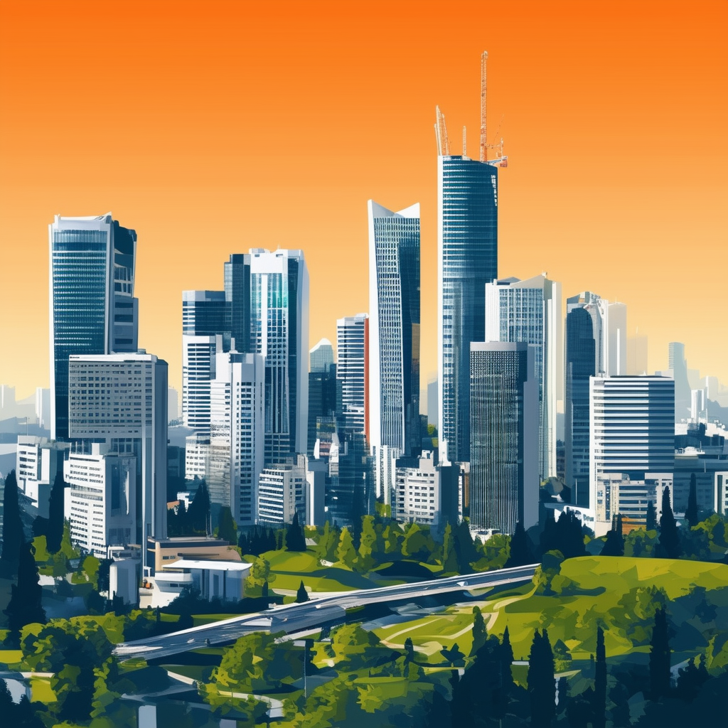 Futuristic cityscape illustration showcasing Frankfurts growth featuring modern architecture green spaces skyscrapers gradient effect with White ffffff Orange ec6707 Blue 1398f8 Dark Gray 595857 and Light Gray a6a7a8.