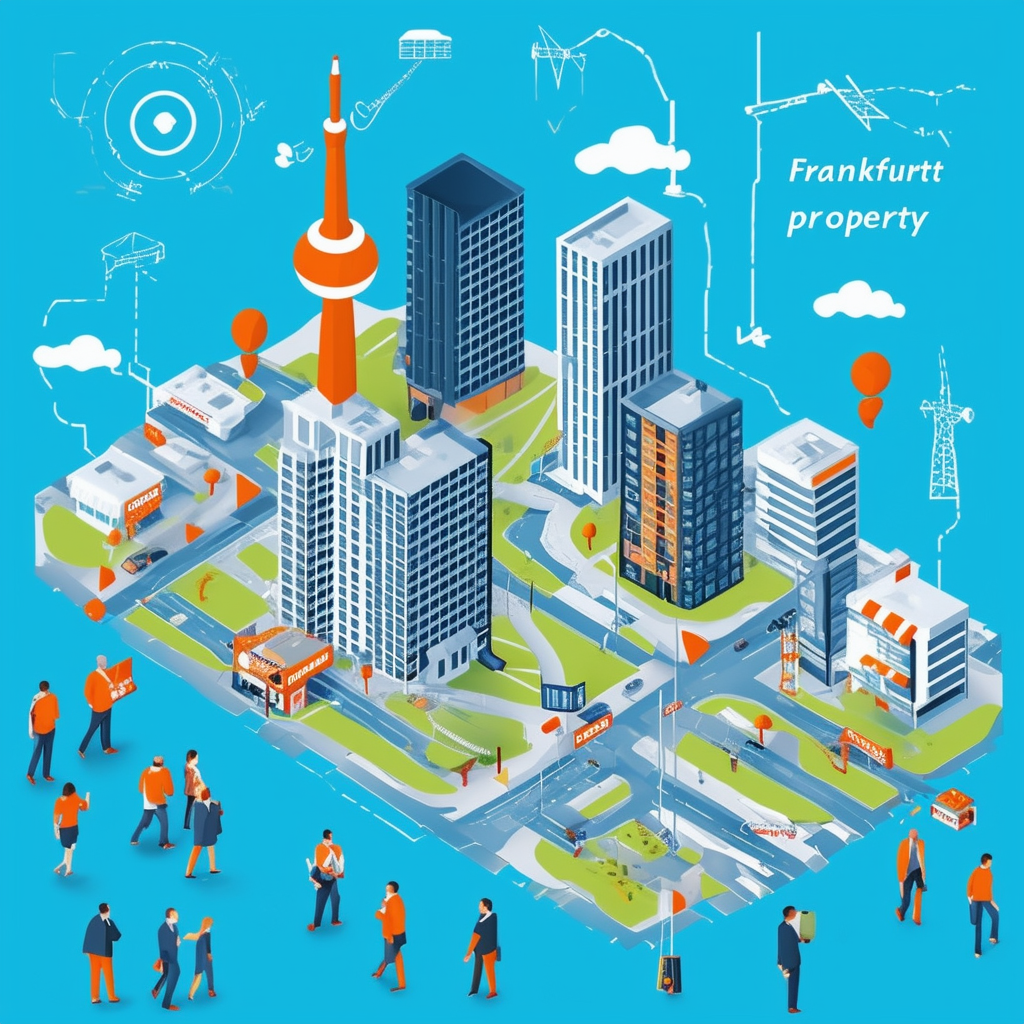 Commercial Property Market Analysis Frankfurt: Map of the city with office buildings shops people moving around set against bright blue 1398f8 background accented by orange ec6707 white ffffff dark gray 595857 light gray a6a7a8.