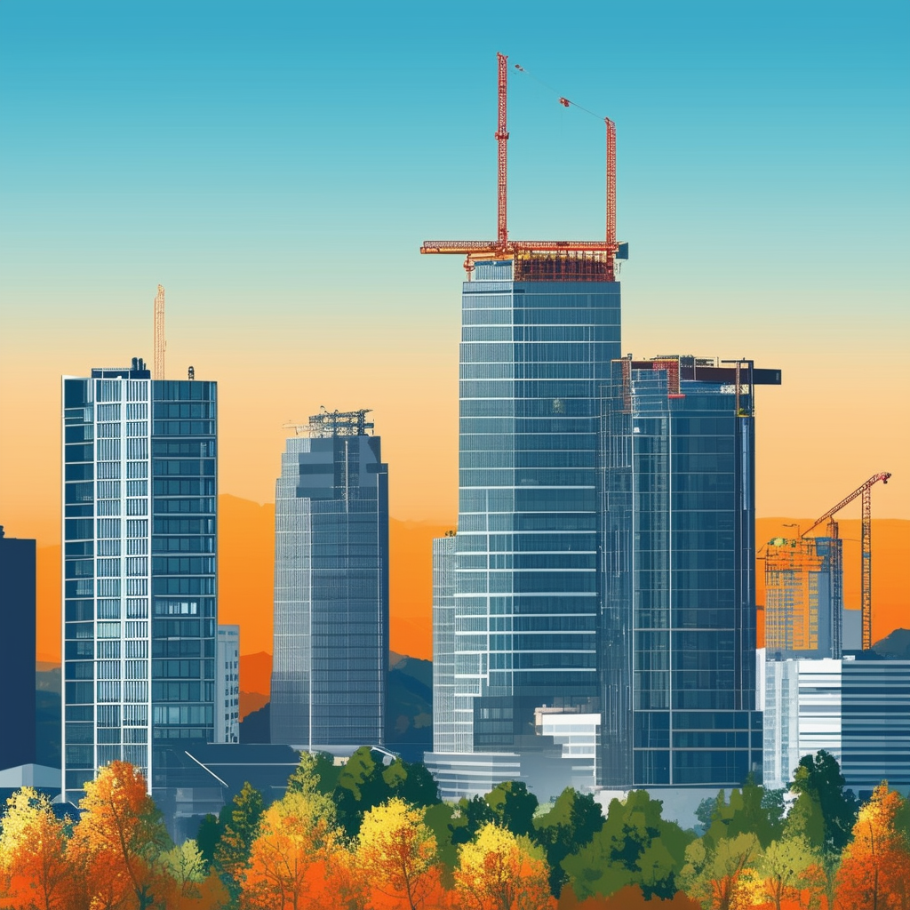 High-quality image showcasing Frankfurts urban landscape featuring modern skyscrapers green spaces symbolizing growth  development set against bright blue sky 1398f8 accented by warm orange hues ec6707 for energy  optimism blending Dark Gray 595857 and Lig