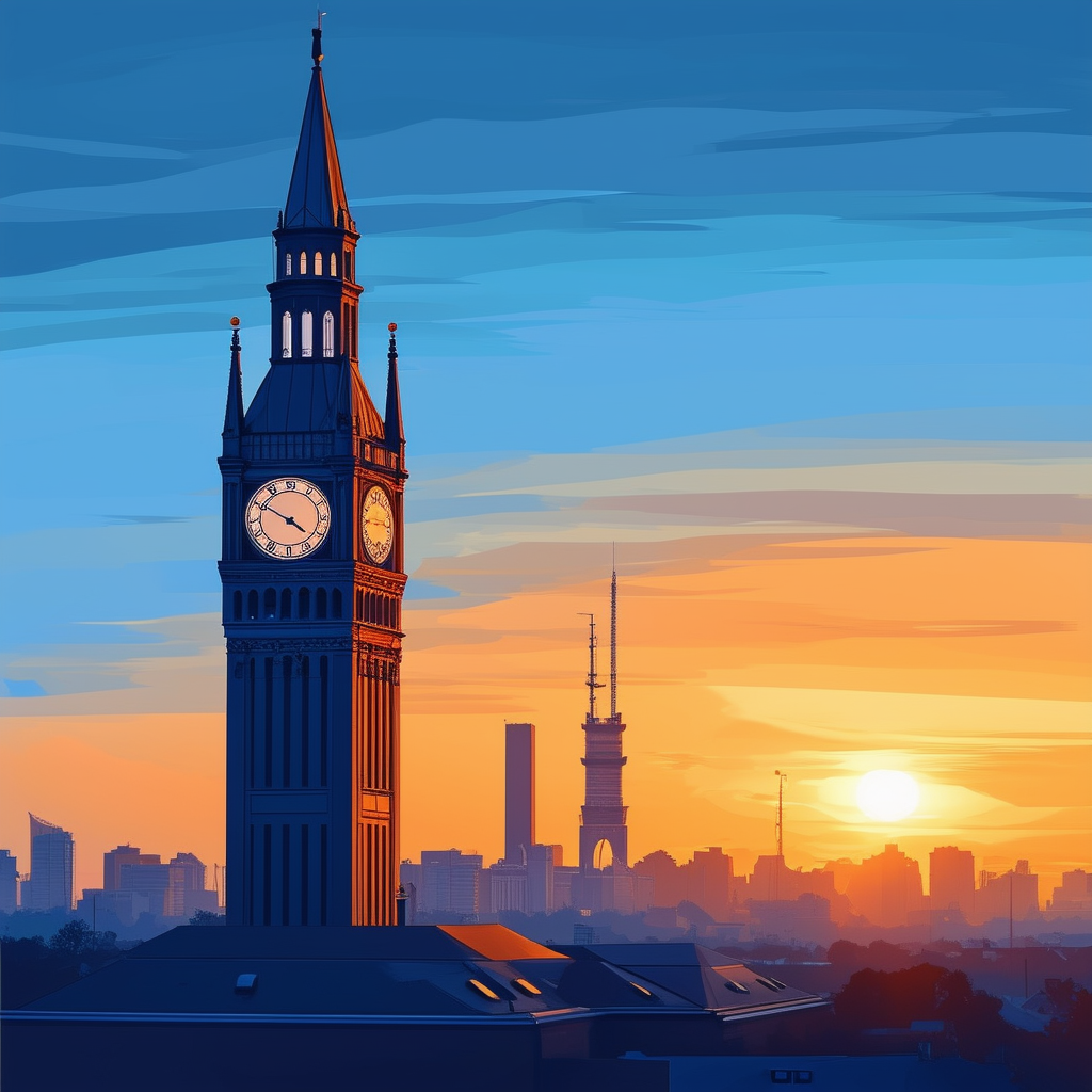 Clock tower illustration with moving hands set against Frankfurts skyline at sunset emphasizing the significance of timing in real estate transactions during seasonal market fluctuations.