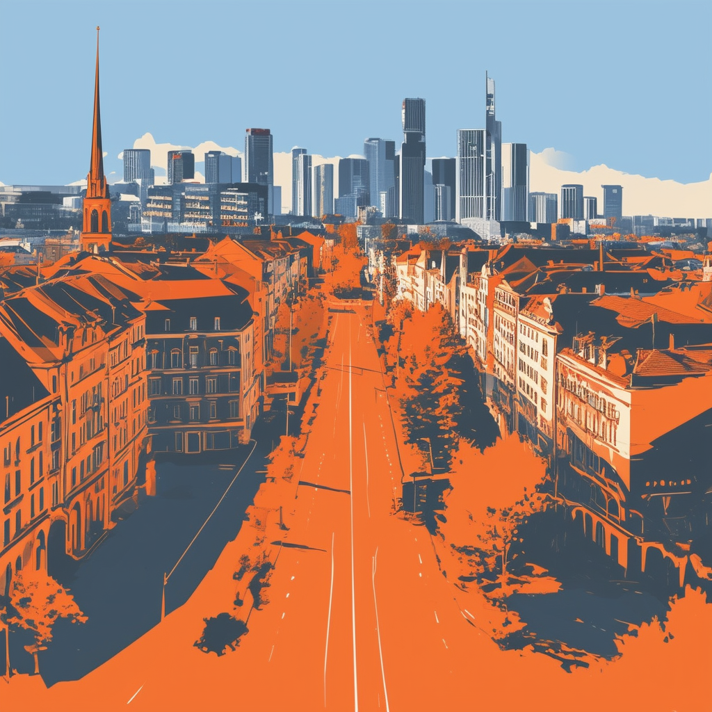 High-quality flat vector illustration of Frankfurt cityscape showcasing prominent buildings and streets emphasizing locations significance in real estate valuation set against warm orange ec6707 background accented by calming blue 1398f8 subtle texture ove