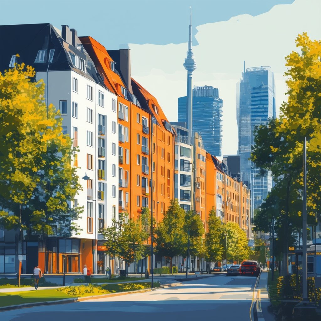 Modern Frankfurt cityscape with stylized apartment building in foreground surrounded by lush greenery and vibrant street life conveying energy dynamism urban excitement featuring hex colors: White ffffff Orange ec6707 Blue 1398f8 Dark Gray 595857 Light Gra