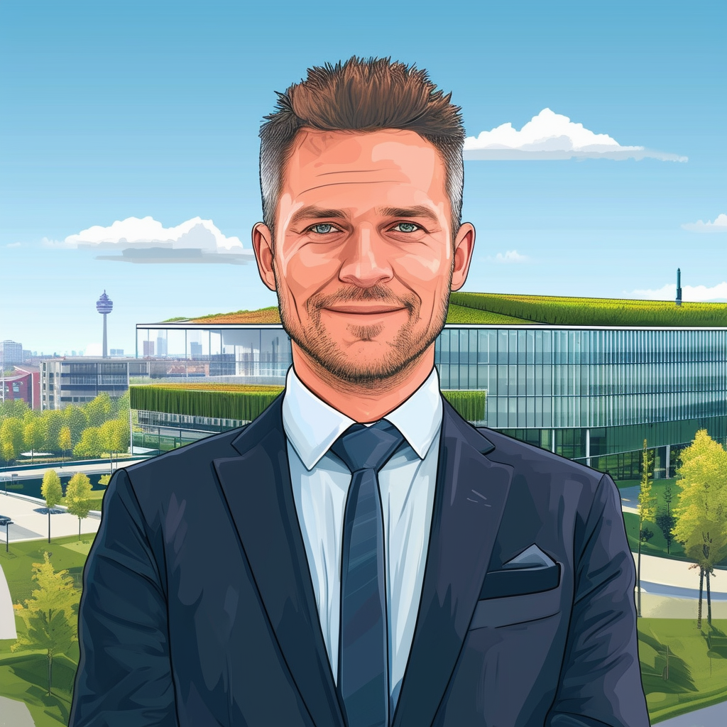 Professional Real Estate Agent Maximilian Ruecker from Valuvis GmbH Immobilienbewertung in Frankfurt standing in front of modern office building with green roof surrounded by urban landscape highlighting expert advice for optimal commercial property valuat