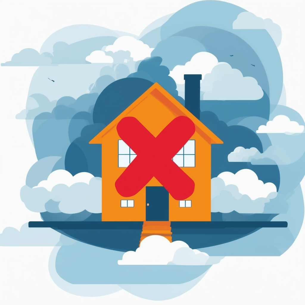 High-quality flat vector illustration showcasing a house with a prominent red X symbol surrounded by calming clouds emphasizing the significance of avoiding common mistakes during property sales in Frankfurt am Main. Soothing colors include White ffffff Or