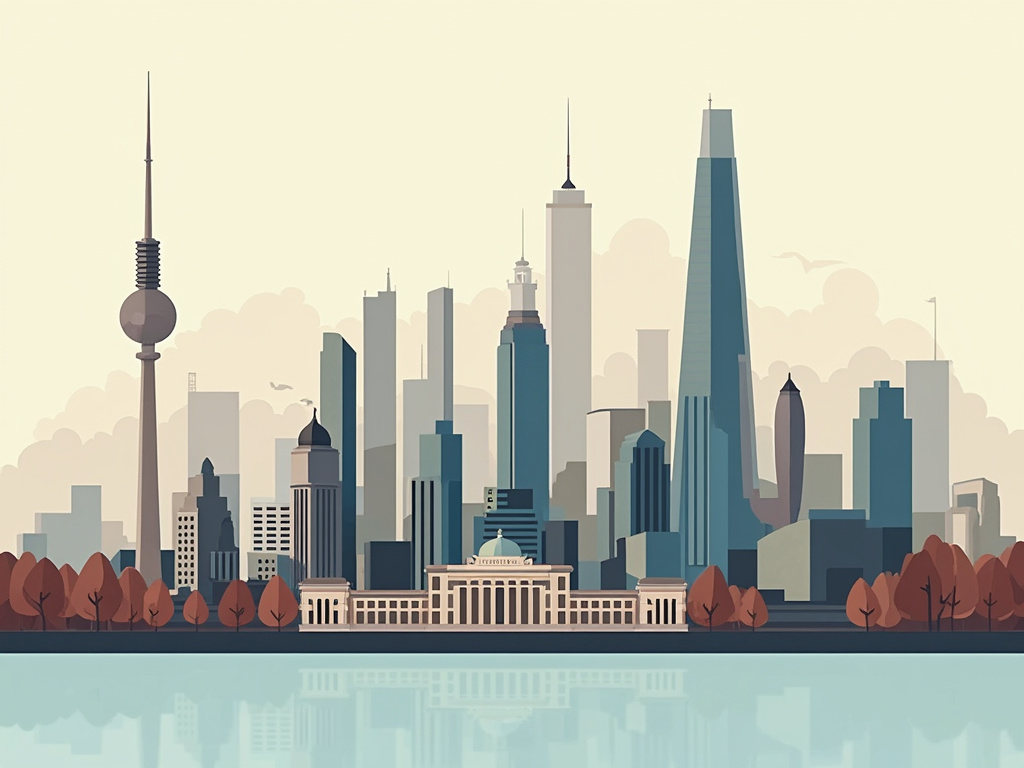 Minimalistische Illustration der Skylines von Berlin Munchen und Frankfurt in Orange und Grau symbolisiert Immobilienwachstum.