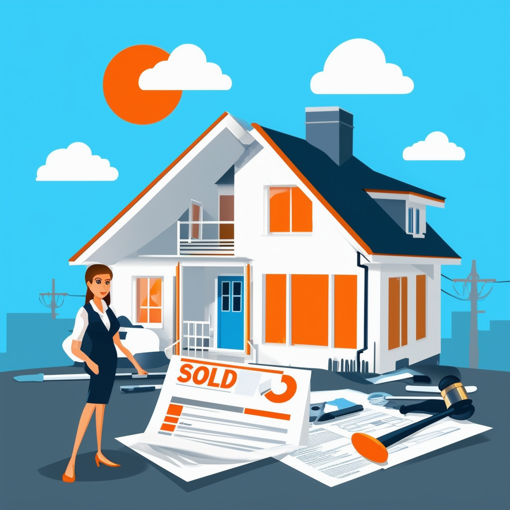 Professional Real Estate Agent Assisting Home Buyer or Seller Flat Vector Illustration of House Being Sold Documents Tools Bright Blue Sky White Clouds Orange Accents Dark Gray Outlines Light Gray Shading Subtle Texture.