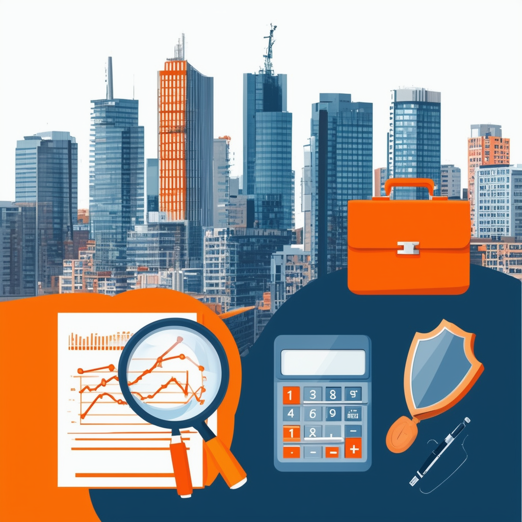 Alt Text: Illustration of Immobilienvermietung in Frankfurt am Main featuring stylized elements for market analysis rent determination tenant selection contract drafting and legal compliance. Frankfurt skyline incorporated symbolizing process aspects like