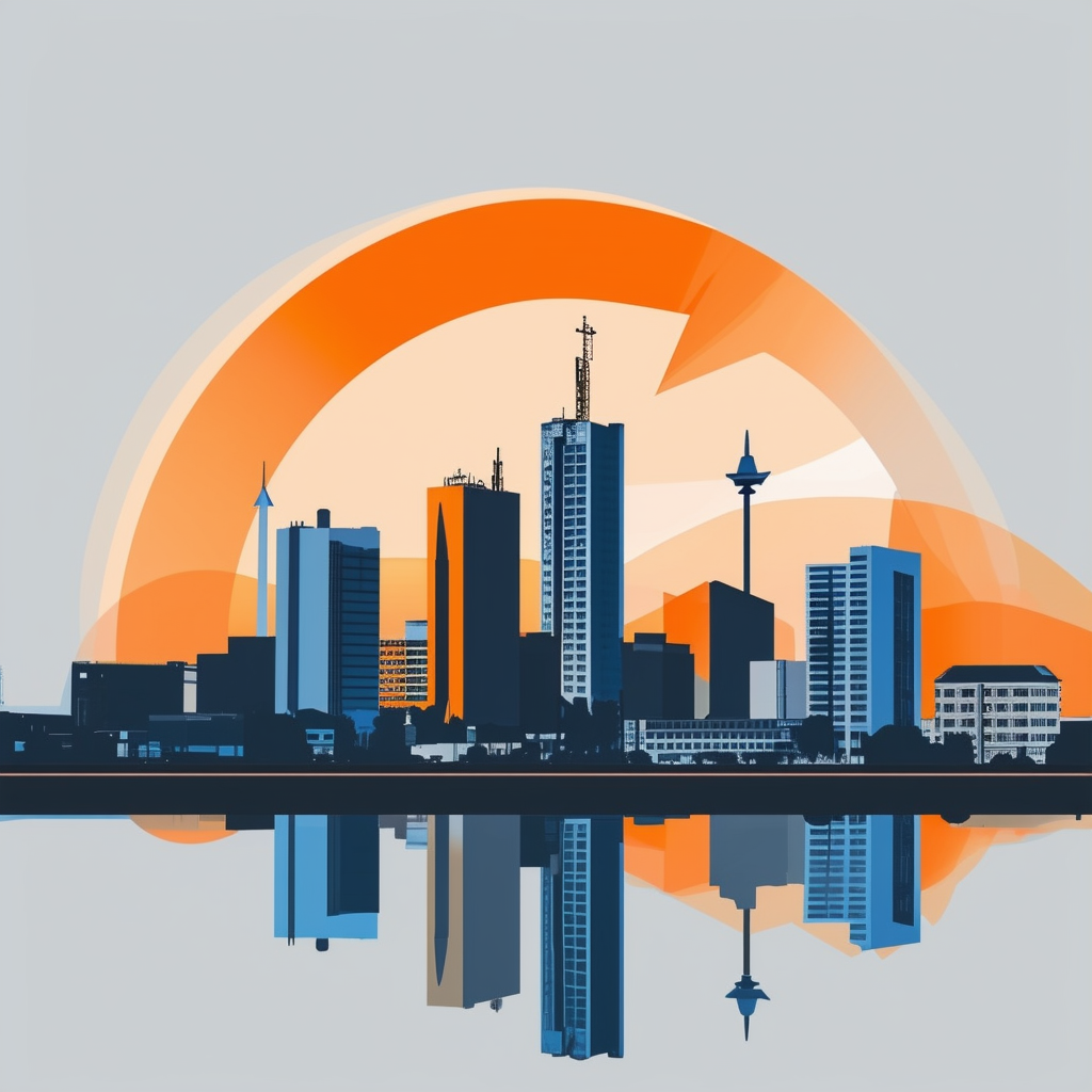 Frankfurter Skyline mit Pfeil nach oben: Wachstum und Genauigkeit symbolisierend umrahmt von feinen Gradienten in Weiss ffffff Orange ec6707 Blau 1398f8 dunklem Grau 595857 und hellem Grau a6a7a8.