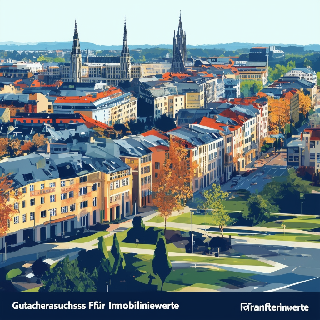 High-quality flat vector illustration of Frankfurt am Main cityscape showcasing modern architecture lush green spaces and prominent feature: Gutachterausschuss fuer Immobilienwerte report. Vibrant hex colors ec6707 orange 1398f8 blue 595857 dark gray a6a7a