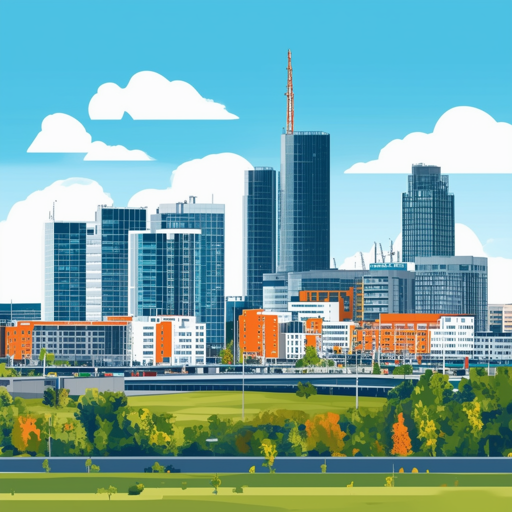 Panorama of Frankfurt skyline at sunset featuring modern office buildings mixed-use developments parks and green spaces set against a bright blue sky with white clouds incorporating hex colors: White ffffff Orange ec6707 Blue 1398f8 Dark Gray 595857 Light