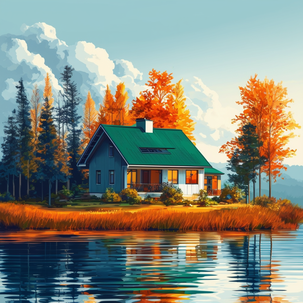 Accurate representation of a serene house with green roof surrounded by trees near a calm lake symbolizing harmony precision and accuracy set against soothing colors like White ffffff Orange ec6707 Blue 1398f8 Dark Gray 595857 Light Gray a6a7a8.