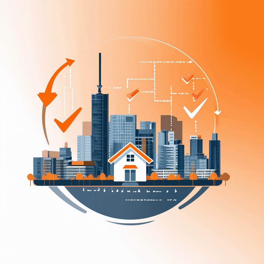 Professional flat vector illustration of Frankfurt skyline with house icon at center surrounded by arrows and checkmarks showcasing the steps involved in selling an apartment set against a gradient background transitioning from White ffffff to Orange ec670