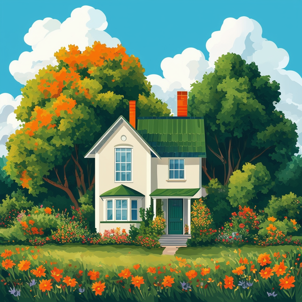 Serenene House: A harmonious blend of nature growth balance peace tranquility surrounded by lush greenery vibrant flowers set against a bright blue sky with white clouds symbolizing serenity calmness and harmony featuring hex colors: White ffffff Orange ec