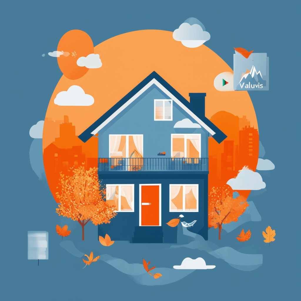 High-quality vector illustration of Frankfurt am Main house showcasing seasonal gradient effect surrounded by icons for property valuation market analysis expert advice from Valuvis GmbH set against calming blue 1398f8 background accented with warm orange