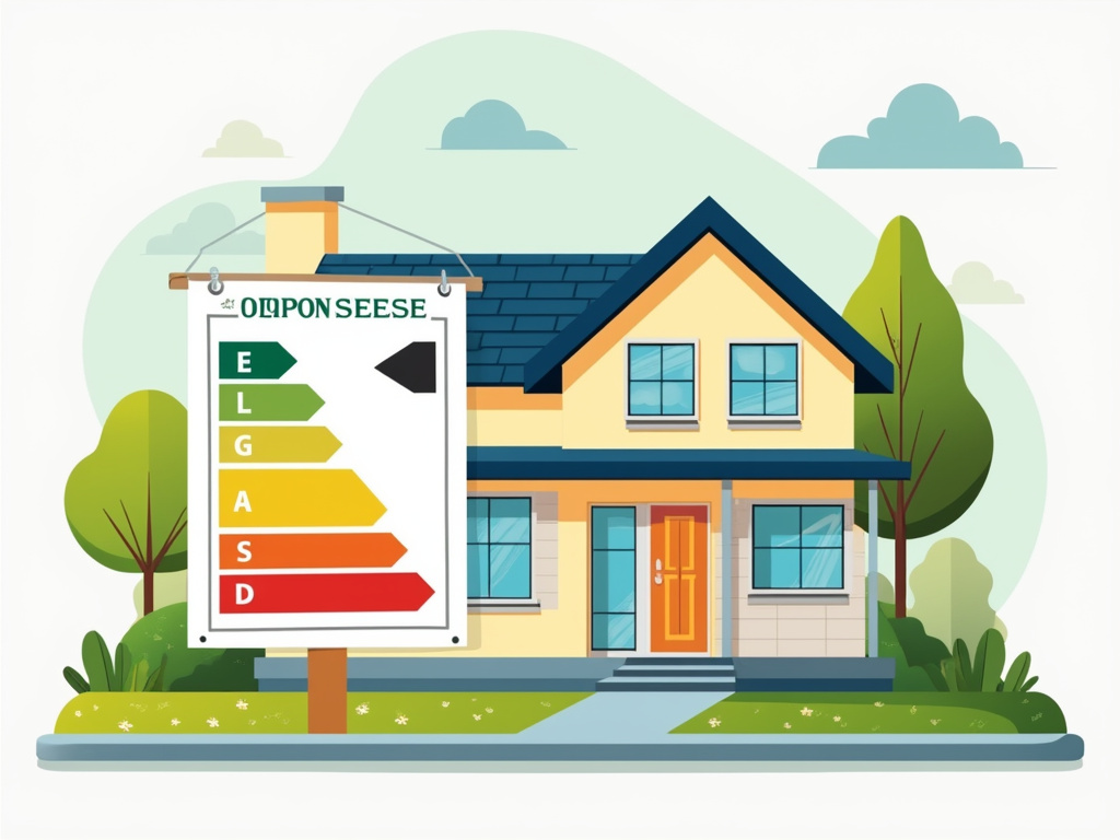 Alt Text: Moderne Illustration eines Hauses mit Energieeffizienz-Zertifikat betont Energieeffizienz im Immobilienverkauf.