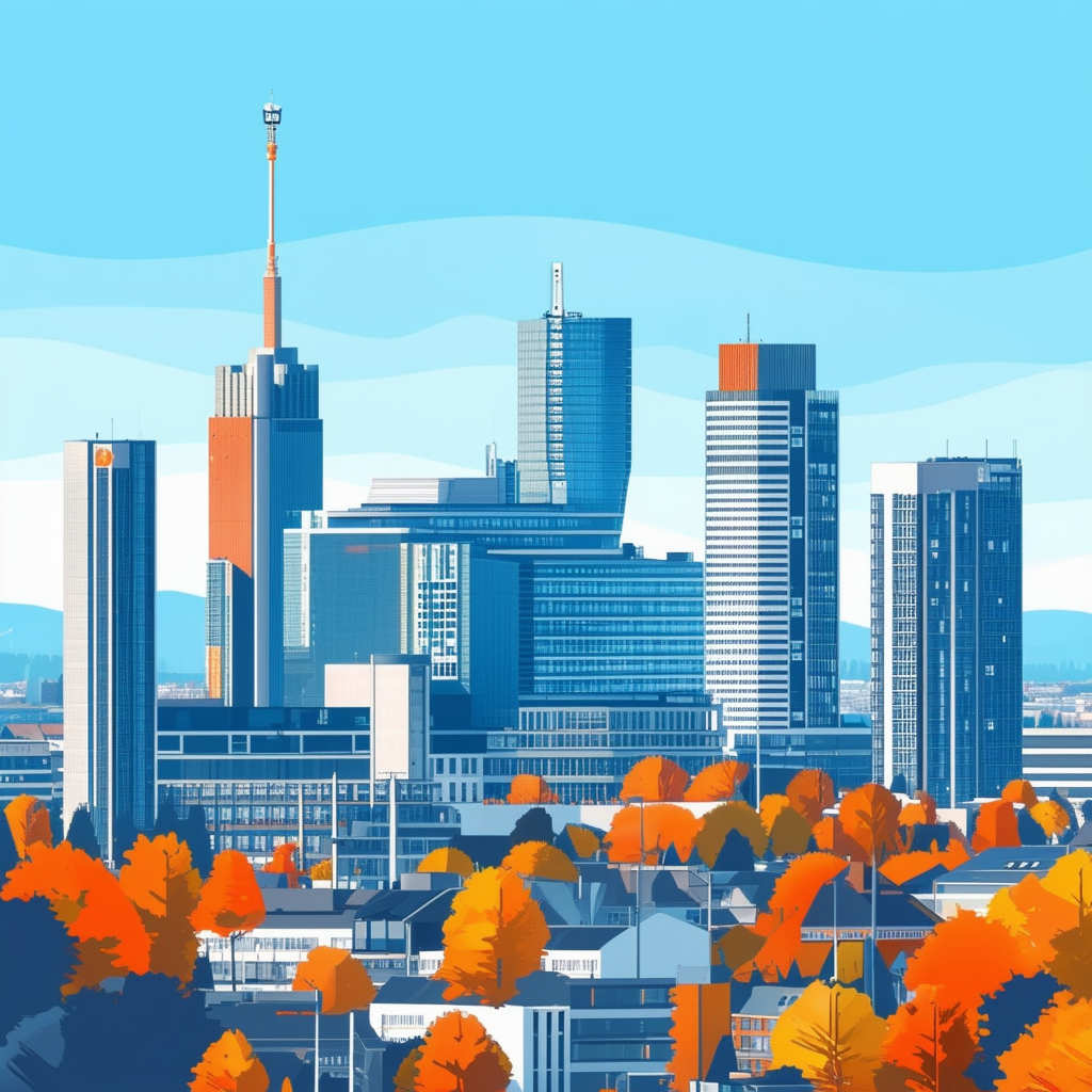 Modern Frankfurt Skyline: Flat Vector Illustration of Iconic Skyscrapers Urban Landscape Bright Blue Sky Hex Colors: White ffffff Orange ec6707 Blue 1398f8 Dark Gray 595857 Light Gray a6a7a8.