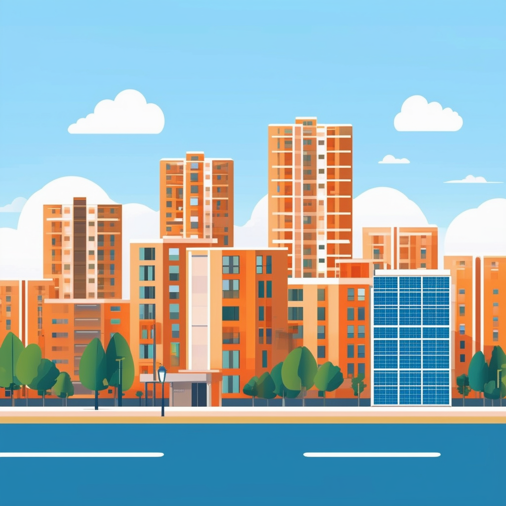 Urban landscape illustration featuring modern architecture emphasizing location  energy efficiency set against serene blue skies 1398f8 with soft white clouds ffffff accentuated by vibrant orange tones ec6707.