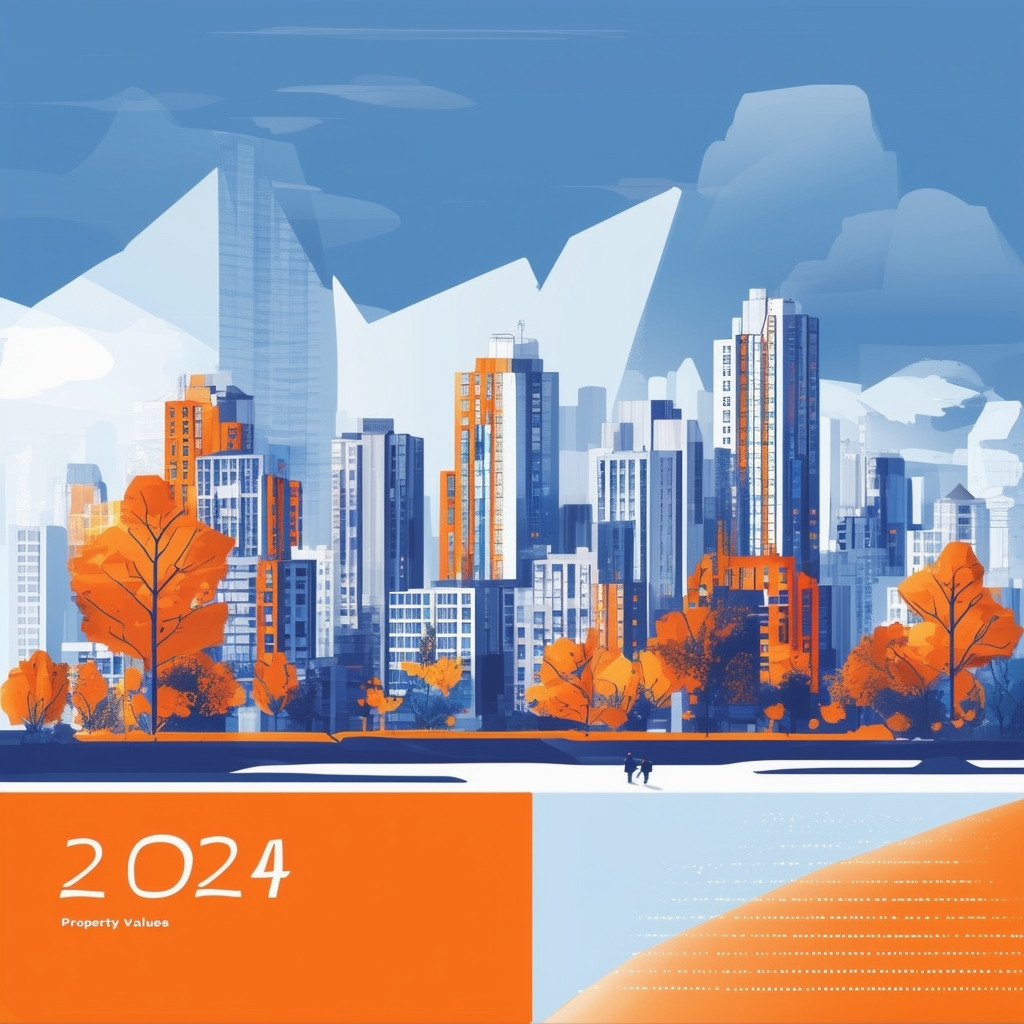 Future cityscape illustration showcasing modern architecture highlighting economic indicators local factors market trends impacting property values in 2024 with vibrant colors like White ffffff Orange ec6707 Blue 1398f8 Dark Gray 595857 Light Gray a6a7a8 c