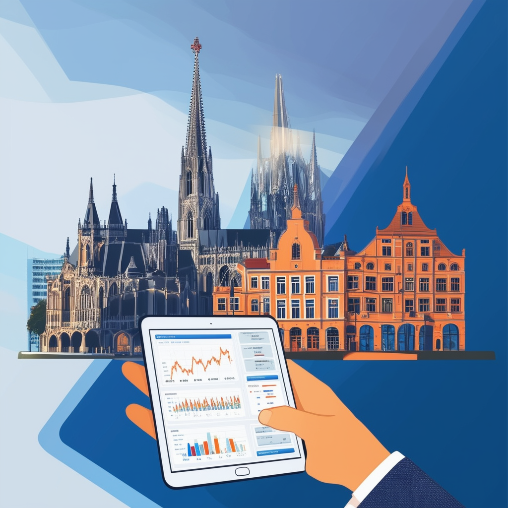 Professional real estate agent in Frankfurts skyline surrounded by tablet displaying property values and market trends gradient background: White ffffff Orange ec6707 Blue 1398f8 Dark Gray 595857 Light Gray a6a7a8.