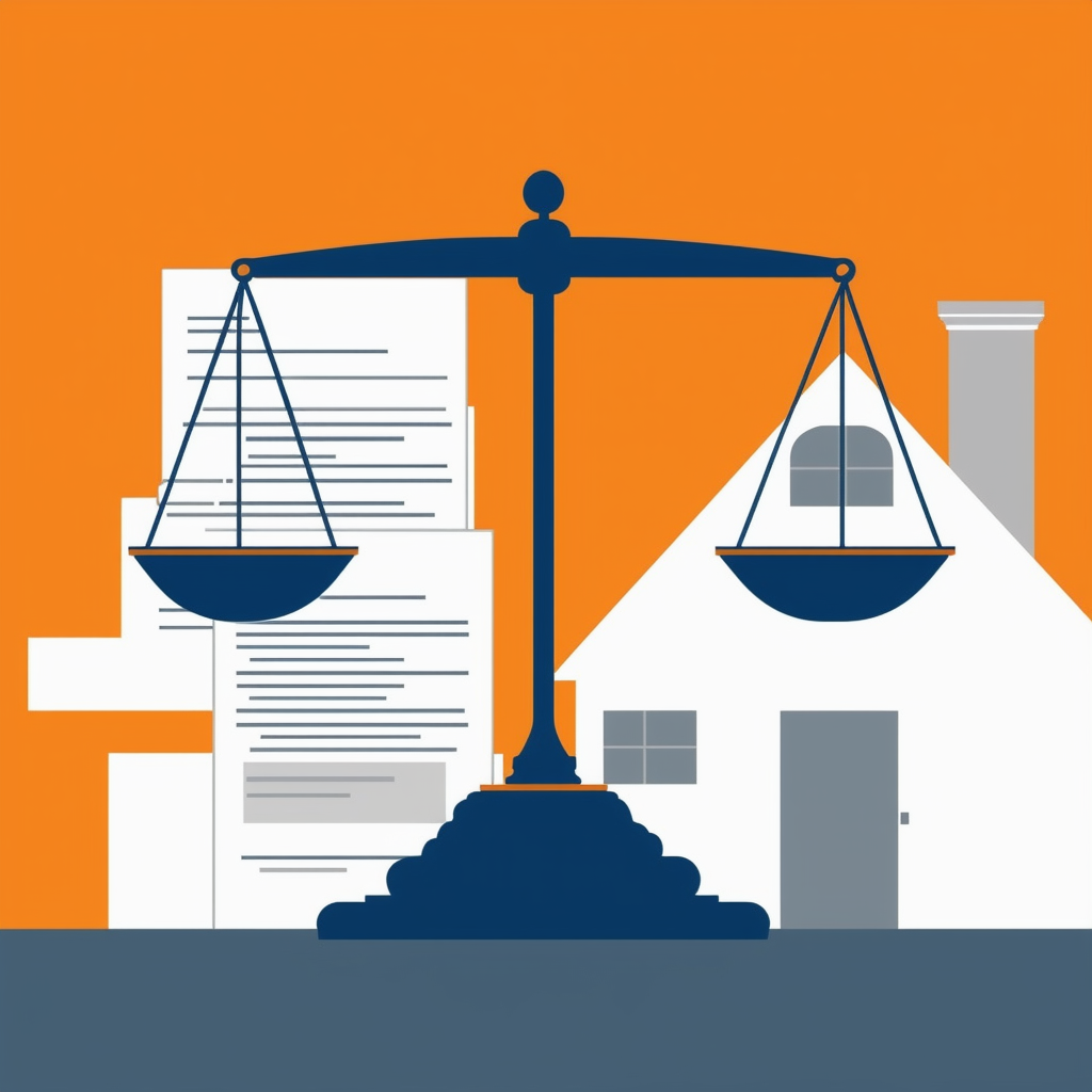 Eine ausgewogene Waage mit Dokumenten und einem Hausumriss in Weiss Orange Blau Dunkelgrau und Hellgrau - symbolisiert die Komplexitaet und den Schutz von Mietgesetzen.