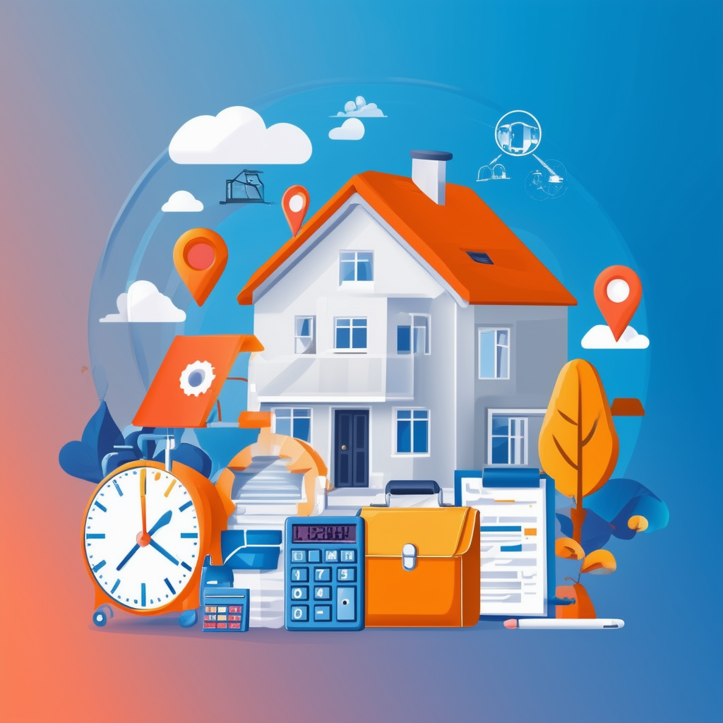 Illustration of house sale process in Frankfurt am Main Germany featuring map pin clock briefcase pen paper calculator and other symbols from FAQ section set against gradient background with Hex colors a6a7a8 Light Gray 595857 Dark Gray 1398f8 Blue ec6707