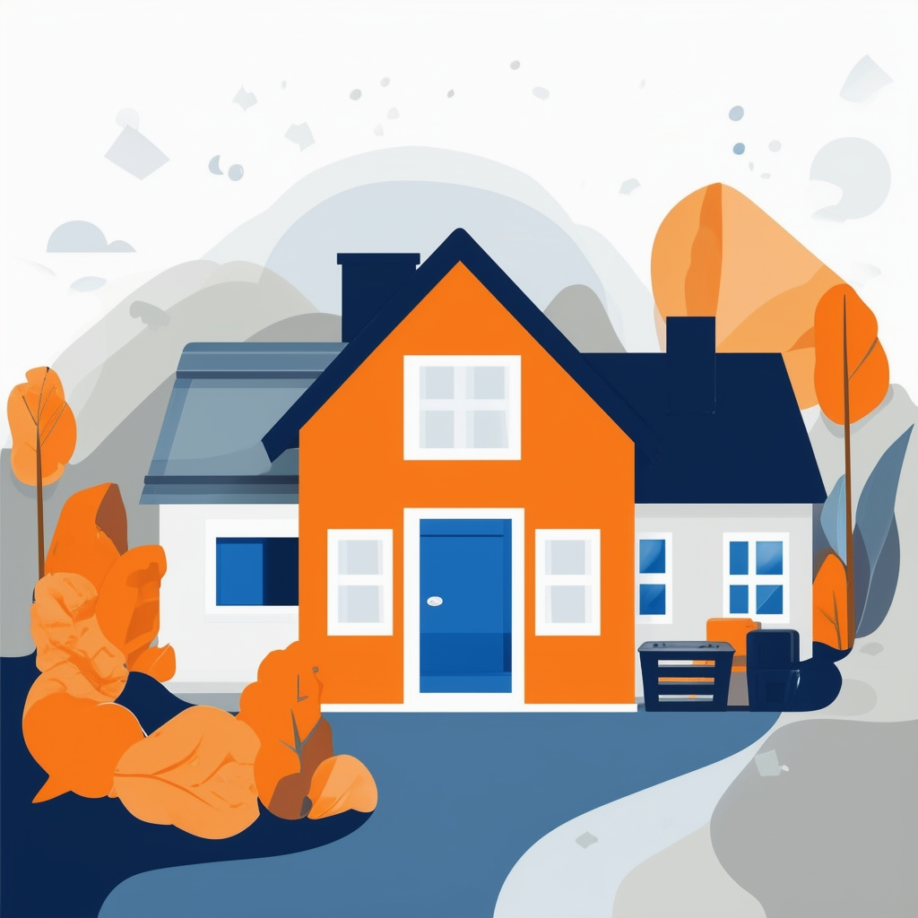 Eine stabile und wohlhabende Illustration der wirtschaftlichen Vorteile von Immobilienvermietung in Weiss Orange Blau und Grautoenen.