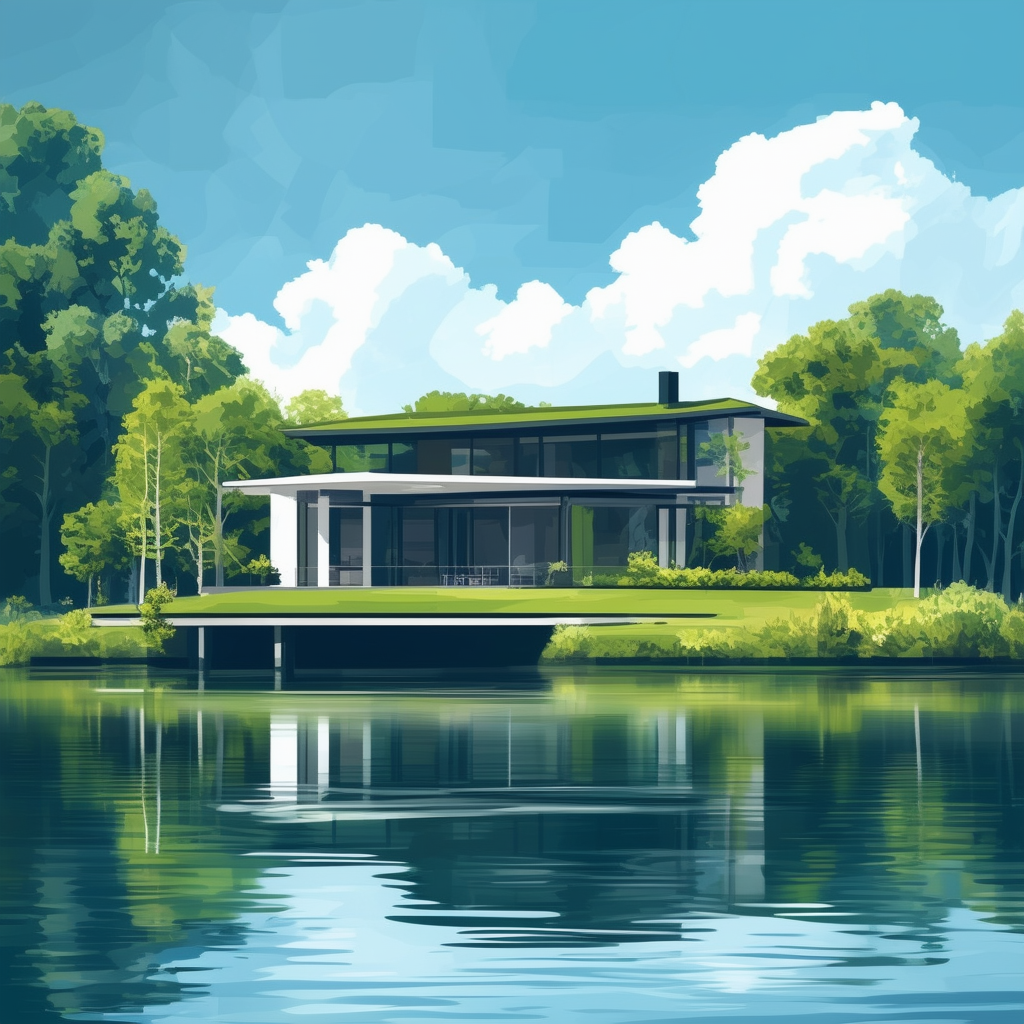 Modern sleek house with green roof surrounded by trees and serene lake view set against bright blue sky with fluffy white clouds incorporating Hex color codes: White ffffff Light Blue ADD8E6 Dark Gray 333333 Green 34C759. Clean lines geometric shapes organ