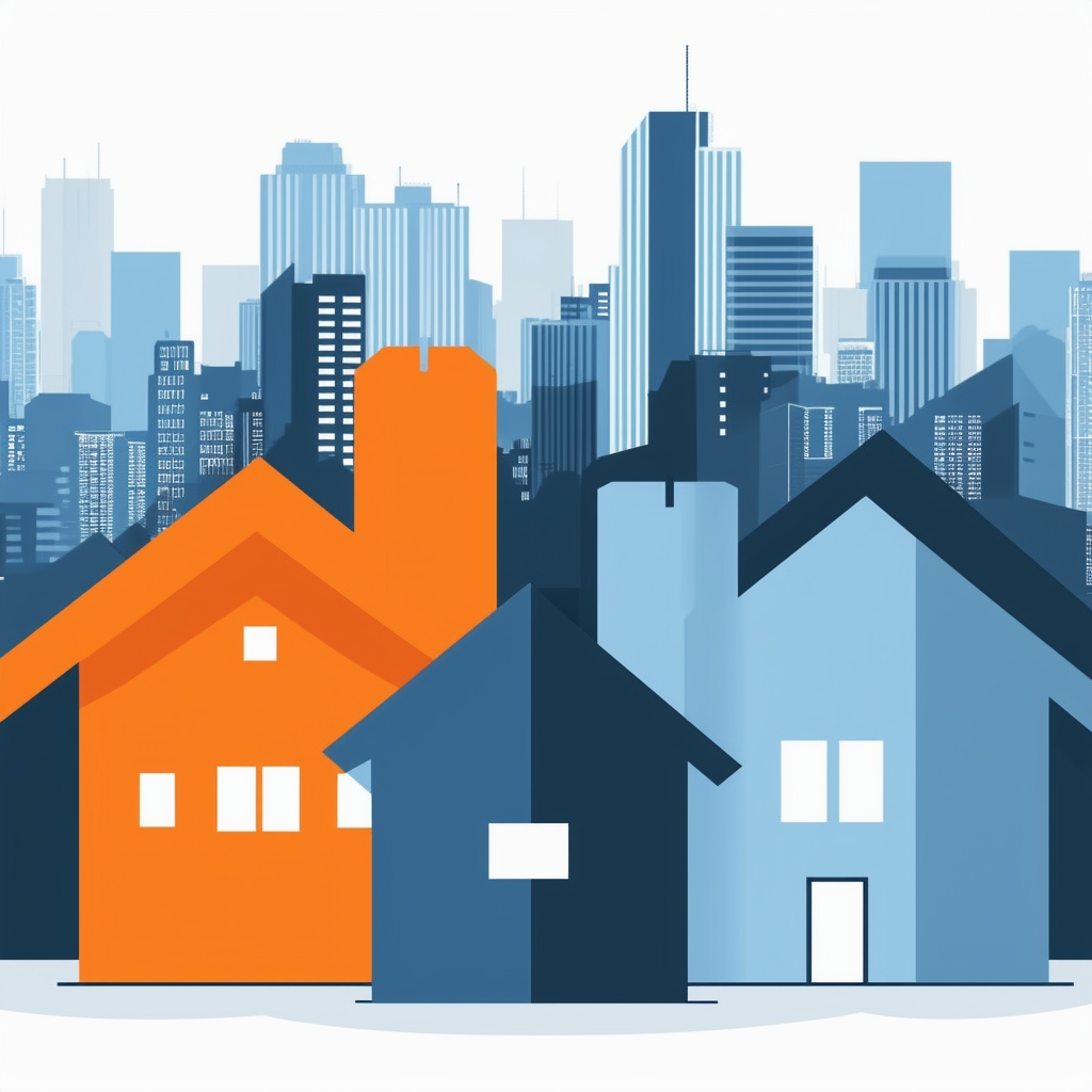 Eine Illustration der Auswirkungen von Wohnungsnachfrage und Zinssaetzen auf den Immobilienmarkt in Weiss Orange Blau Dunkelgrau und Hellgrau.